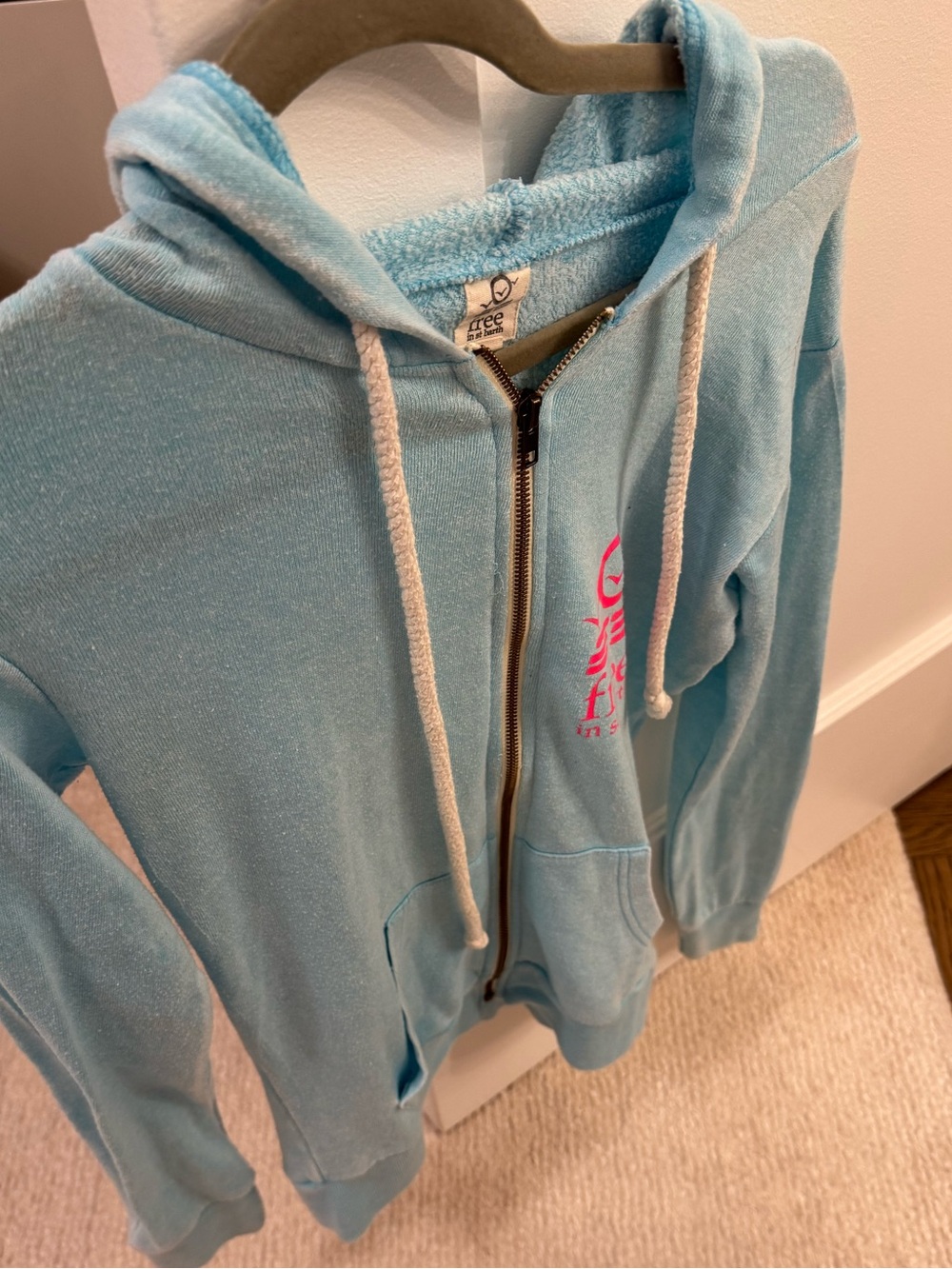 Free In St Barth Turquoise Terry Cloth Zip Hoodie Pink Logo - Picture 6 of 8